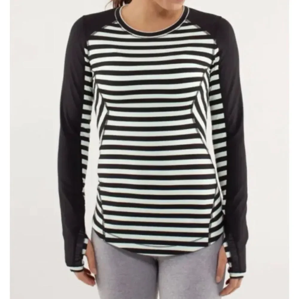 Lululemon Run Reflect Long Sleeve Top Size 2 Sea Stripe Mint Moment Black